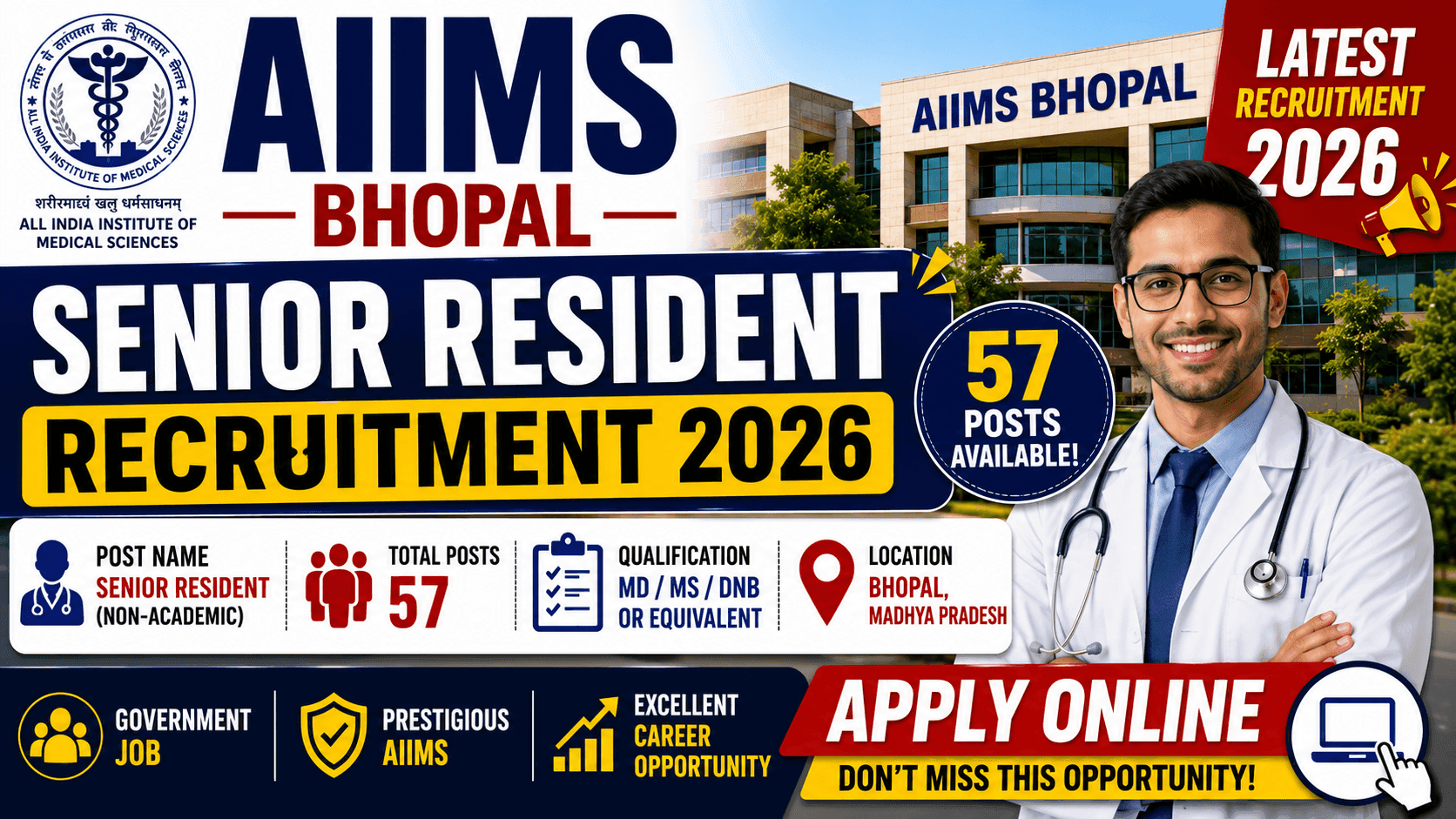 AIIMS Bhopal Senior Resident Recruitment 2026 Notification Out 57 Posts Apply Online