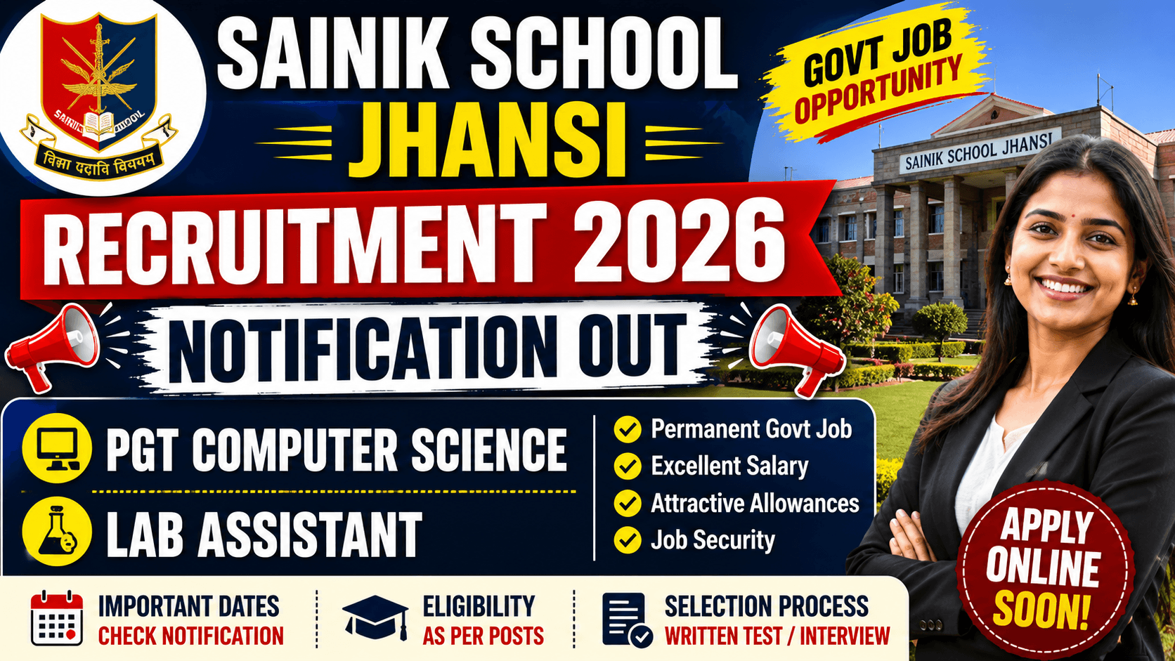 Sainik School Jhansi Recruitment 2026: PGT | Computer Science | Lab Assistant Vacancy | Apply Now