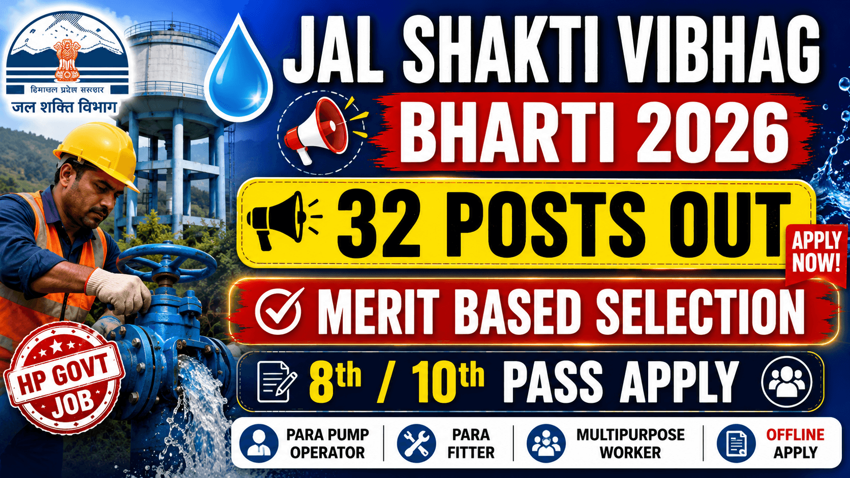 HP Jal Shakti Vibhag Recruitment 2026 — 32 Posts, 8th10th Pass Eligible Last Date 30 June