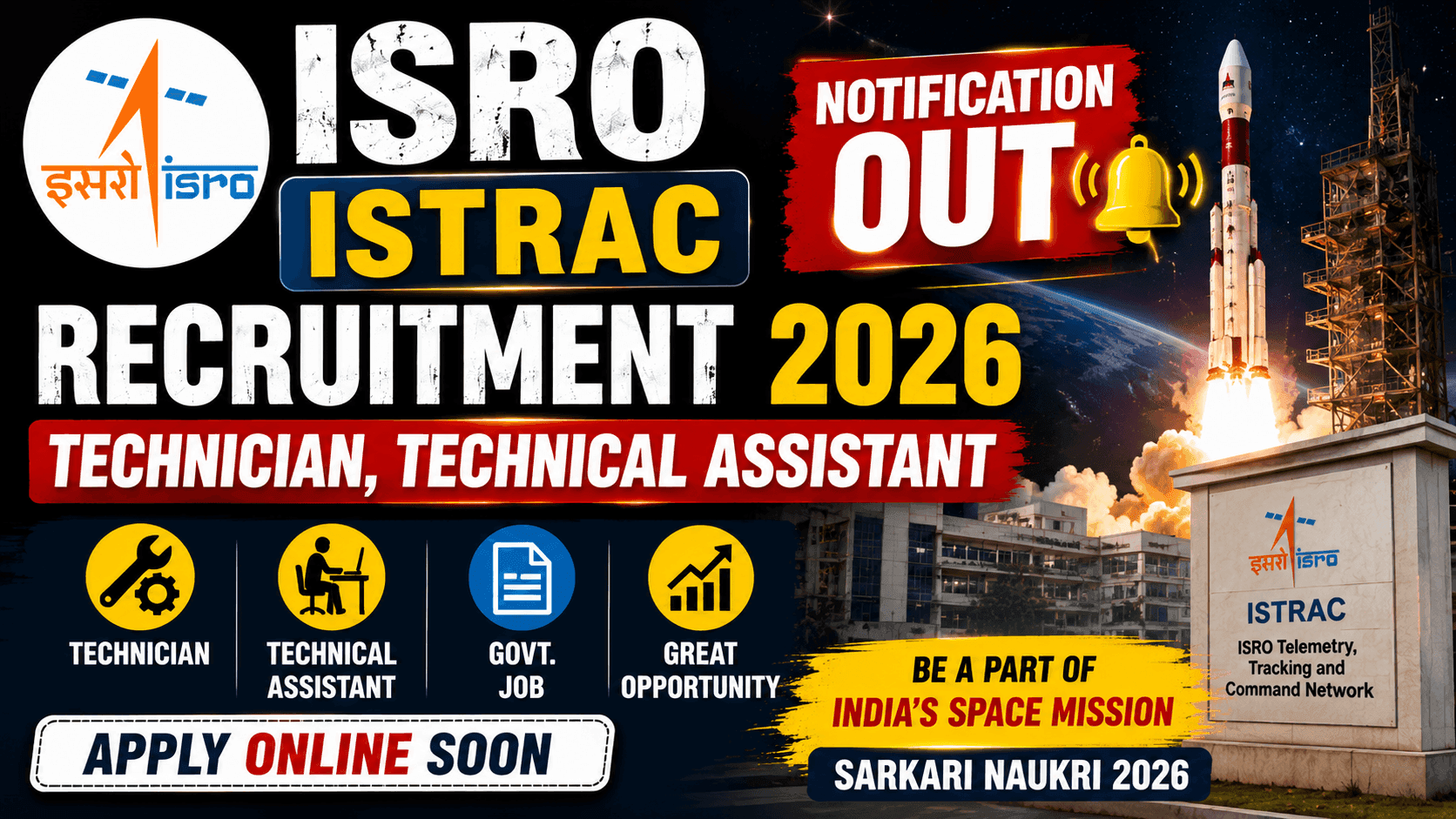 ISRO ISTRAC Recruitment 2026 Notification for 26 Posts | Technician, Technical Assistant | Apply by 20 July 1 ISRO ISTRAC Recruitment 2026 Notification for 26 Posts