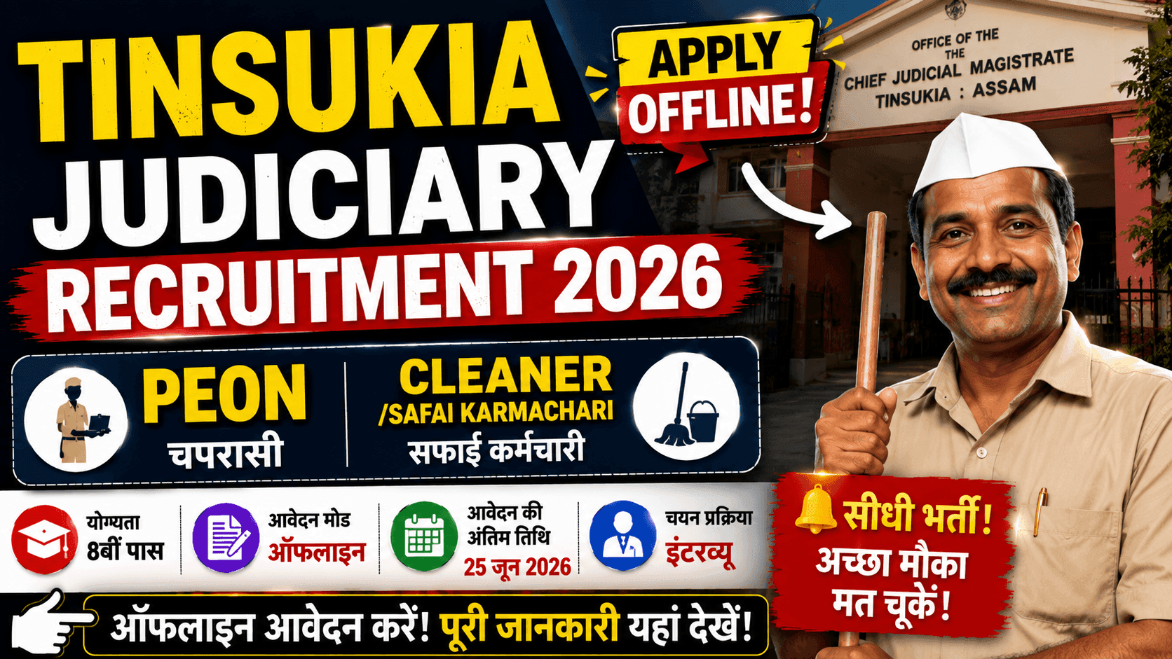 Tinsukia Judiciary Recruitment 2026 Apply Offline for 8th Pass Peon & Cleaner Posts