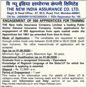 New India Assurance (NIACL) Apprentice Recruitment 2026: 550 Posts, Graduate Apply Online 2 New India Assurance NIACL Apprentice Recruitment 2026