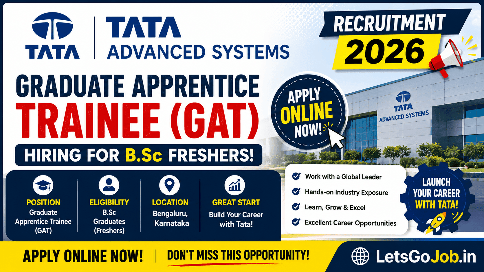 Tata Advanced Systems Recruitment 2026: Graduate Apprentice Trainee (GAT) Hiring for B.Sc Freshers | Bengaluru | Apply Online