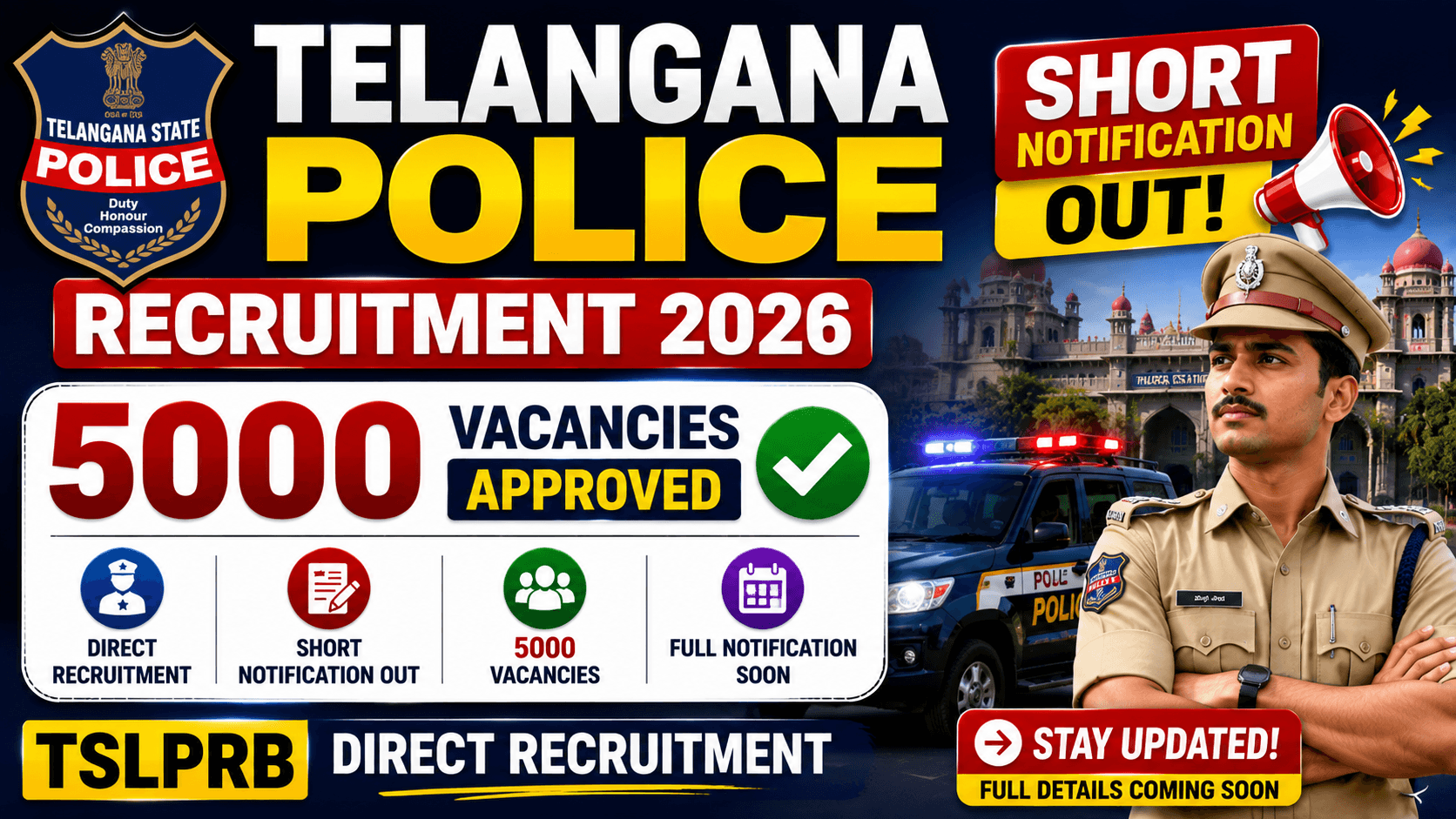 Telangana Police Recruitment 2026: Short Notification Out 5000 Vacancies Approved | TSLPRB Direct Recruitment