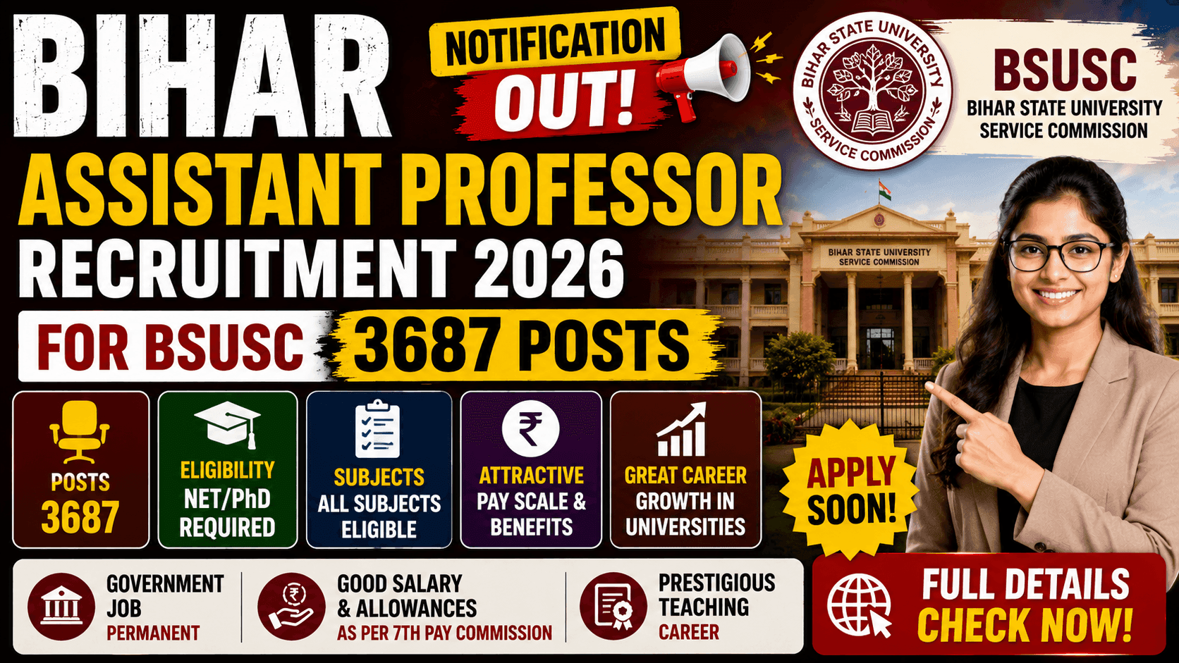 Bihar Assistant Professor Recruitment 2026 Notification for BSUSC 3687 Posts | NET/PhD Required 1 BSUSC Bihar Assistant Professor Recruitment 2026