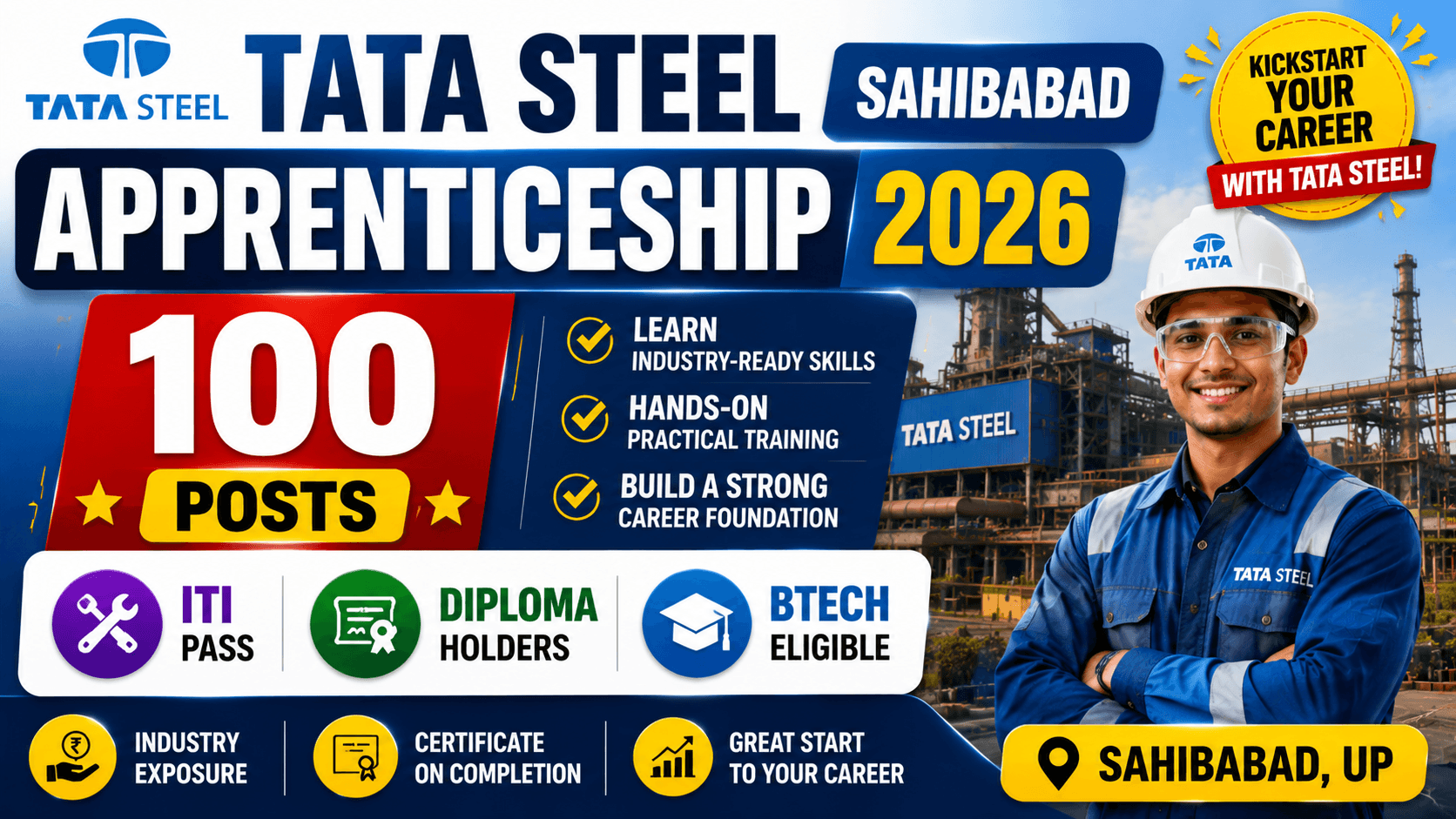 Tata Steel Sahibabad Apprenticeship 2026 — 100 Posts | ITI, Diploma, Btech Job