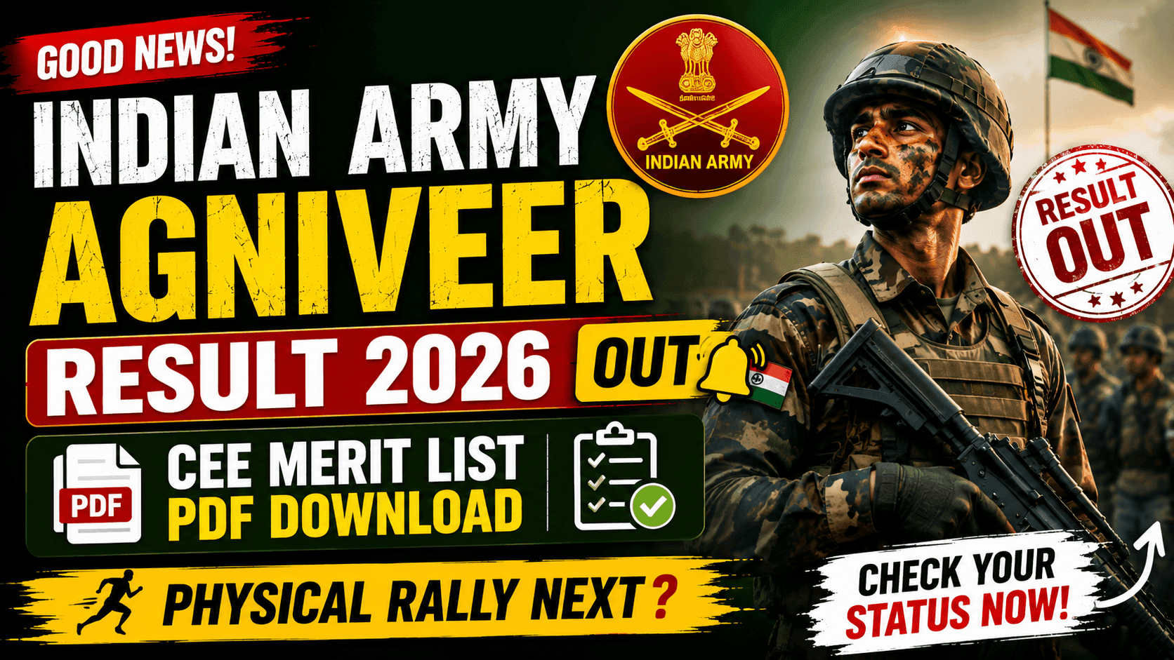 Indian Army Agniveer Result 2026 Out — CEE Merit List PDF | Physical Rally 20-27 July 1 Indian Army Agniveer Result 2026 Out — CEE Merit List PDF | Physical Rally