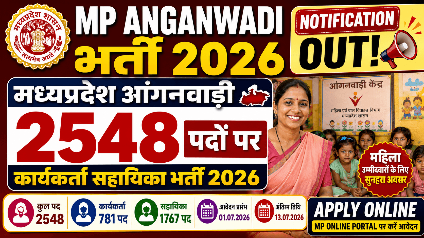 MP Anganwadi Bharti 2026 Notification: मध्यप्रदेश आंगनवाड़ी 2548 पदों पर कार्यकर्ता सहायिका भर्ती 2026