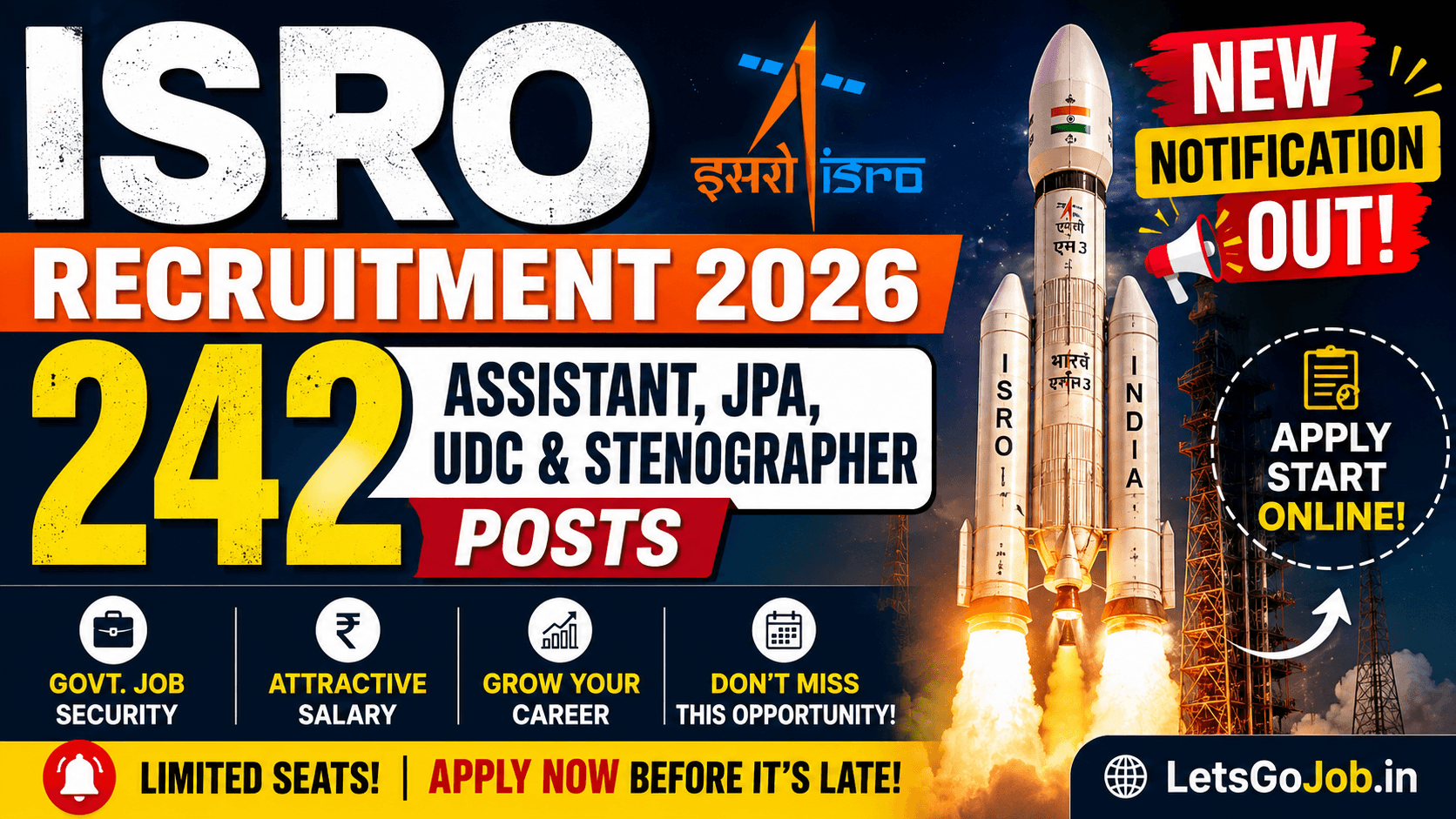 ISRO Recruitment 2026 Notification — 242 Assistant, JPA, UDC & Stenographer Posts | Application Start 27 July 1 ISRO Recruitment 2026 Notification Out