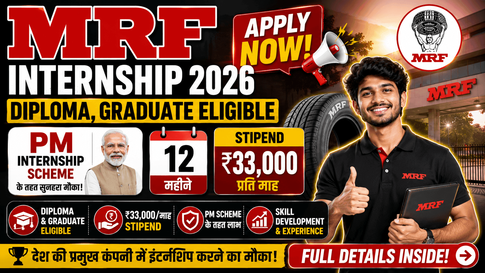 MRF Internship 2026 — Diploma, Graduate Eligible | PM Scheme से 12 महीने | ₹33,000/माह Stipend