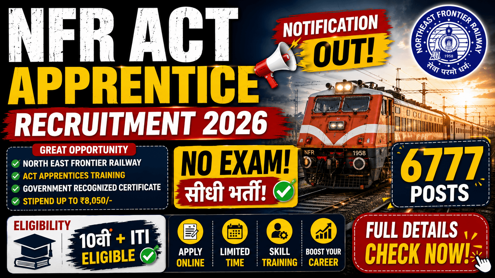 NFR Act Apprentice Recruitment 2026 Notification Out — 6777 Posts No Exam 10वीं+ITI Eligible