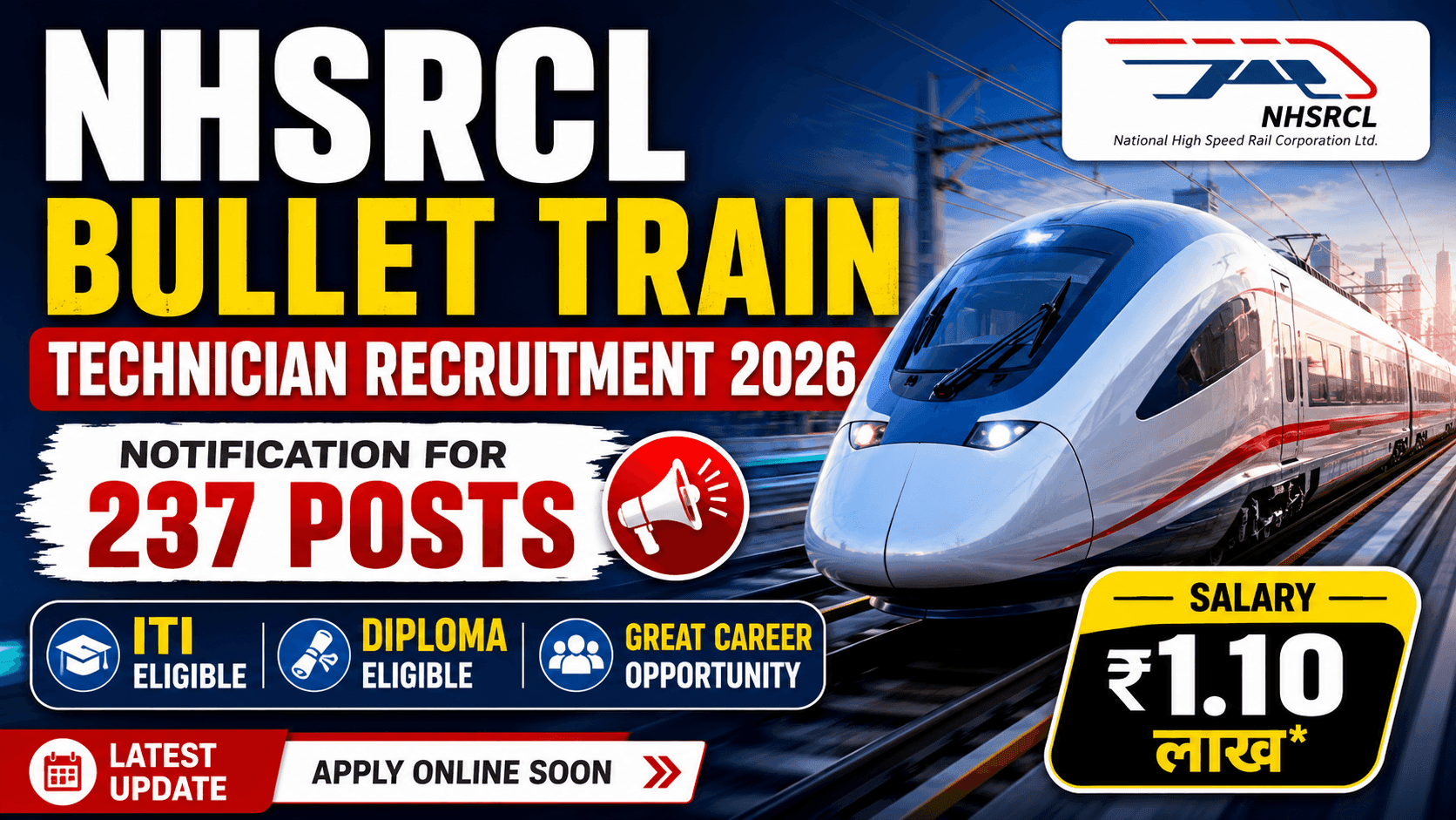 NHSRCL Bullet Train Technician Recruitment 2026 Notification for 237 Posts ITI Diploma Eligible Salary ₹1.10 लाख