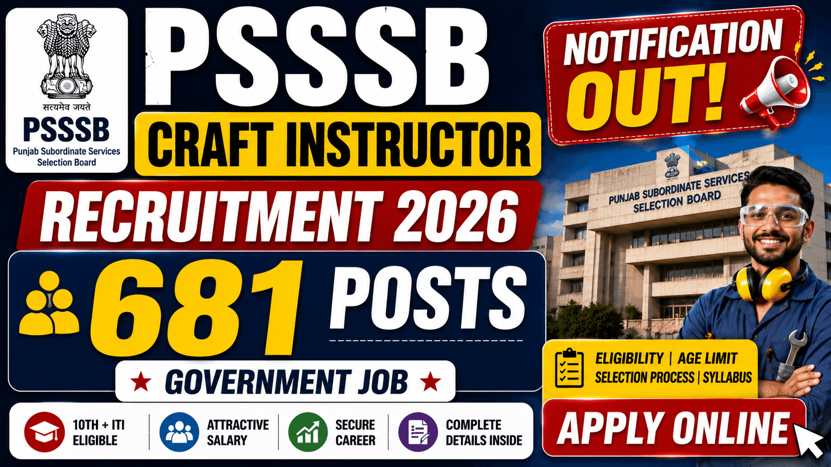 PSSSB Craft Instructor Recruitment 2026 Notification Out — 681 Posts