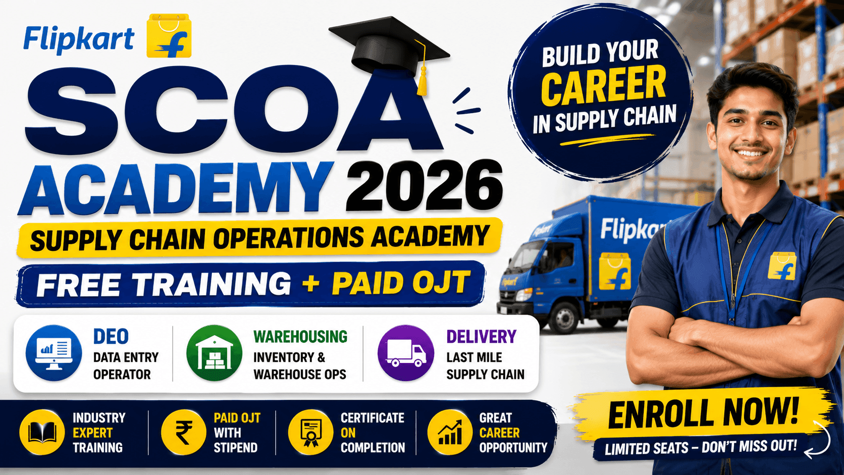 Flipkart SCOA Academy 2026: Supply Chain Operations Academy | Free Training + Paid OJT | DEO, Warehousing, Delivery
