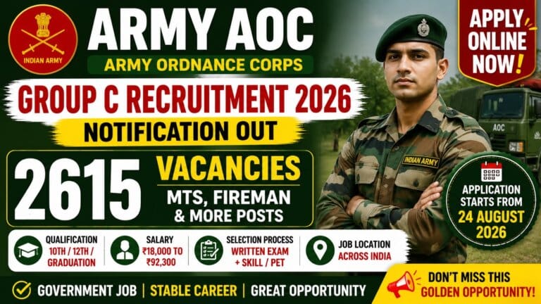 Army AOC Group C Recruitment 2026 Notification — 2615 Posts, MTS, Fireman & Other Posts