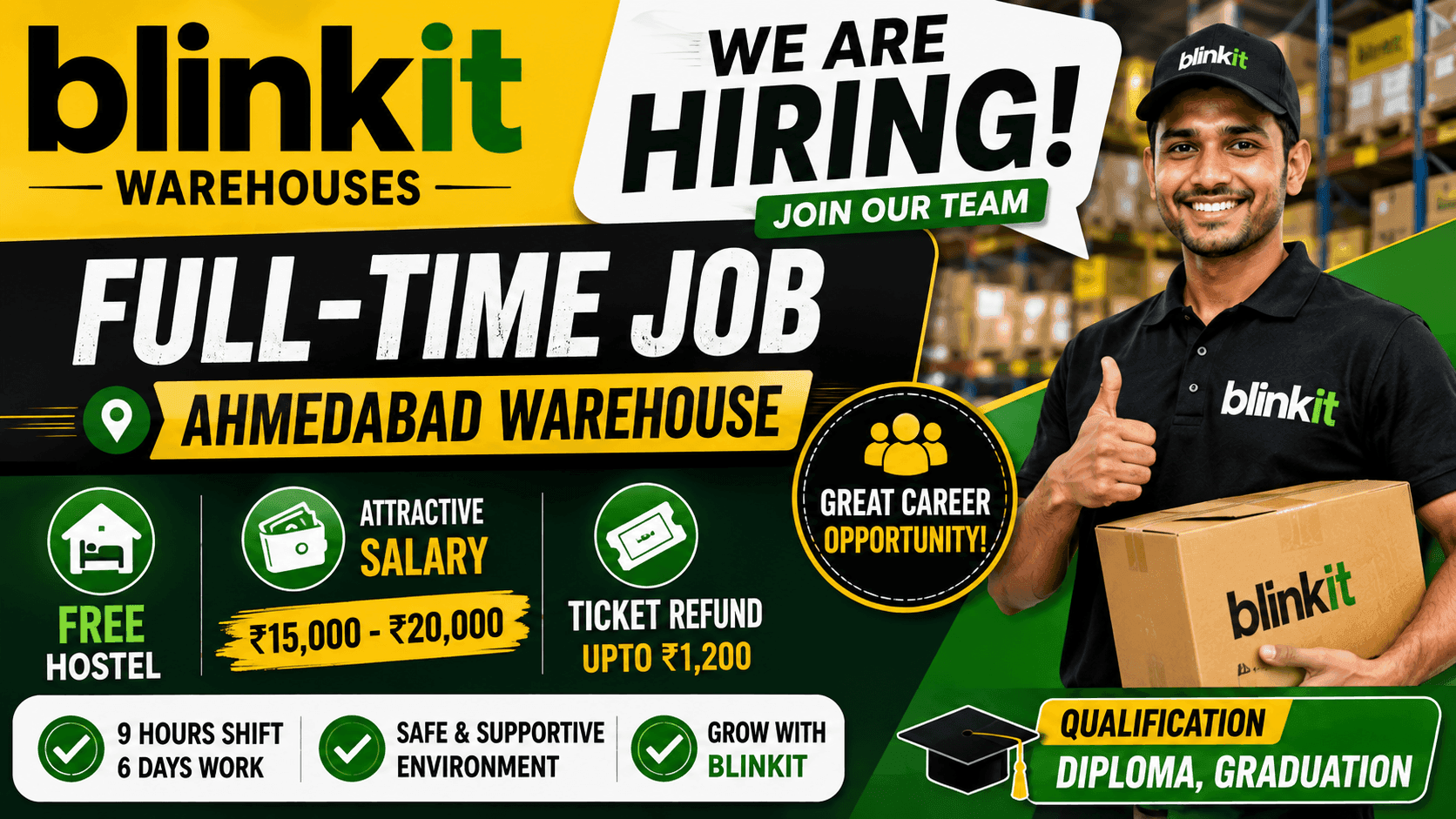Blinkit Warehouse Ahmedabad Hiring 2026 – Any Qualification, ₹20,000 Salary, Free Hostel