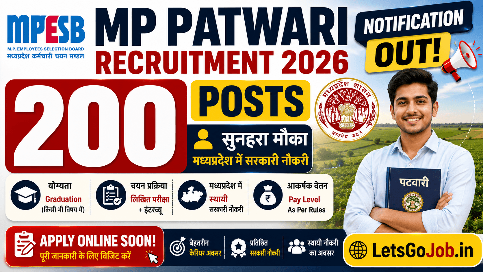 MP Patwari Vacancy 2026: 200 पदों पर भर्ती, Online Form शुरू