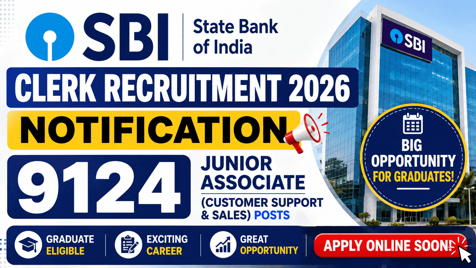 SBI Clerk Recruitment 2026 Notification — 9124 Junior Associate (Customer Support & Sales) Posts