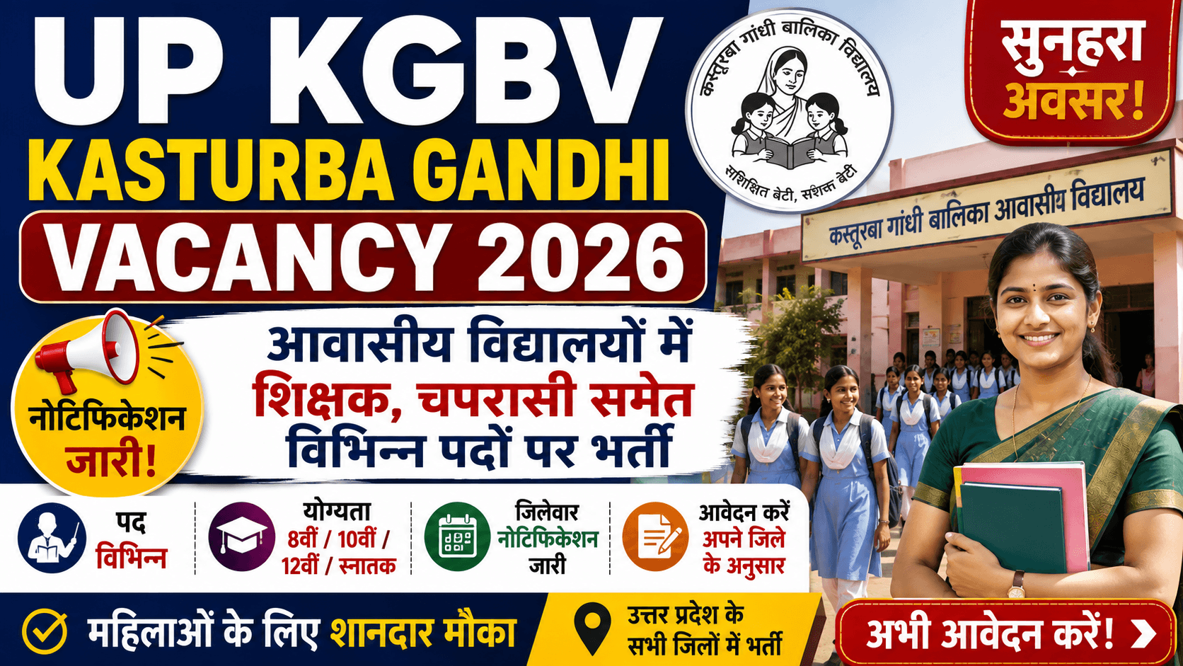 UP KGBV Kasturba Gandhi Vacancy 2026 आवासीय विद्यालयों में शिक्षक, चपरासी समेत विभिन्न पदों पर भर्ती