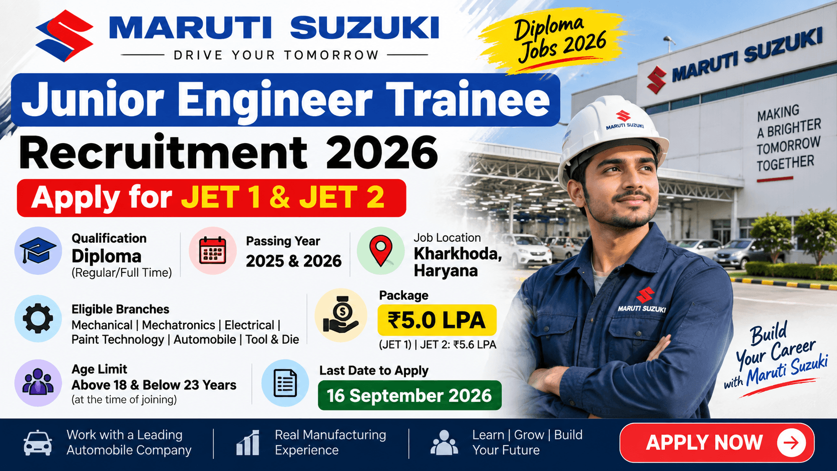 Maruti Suzuki Junior Engineer Trainee Recruitment 2026 – Diploma JET 1 & JET 2 1 Maruti Suzuki Junior Engineer Trainee Recruitment 2026 – Apply for JET 1 & JET 2
